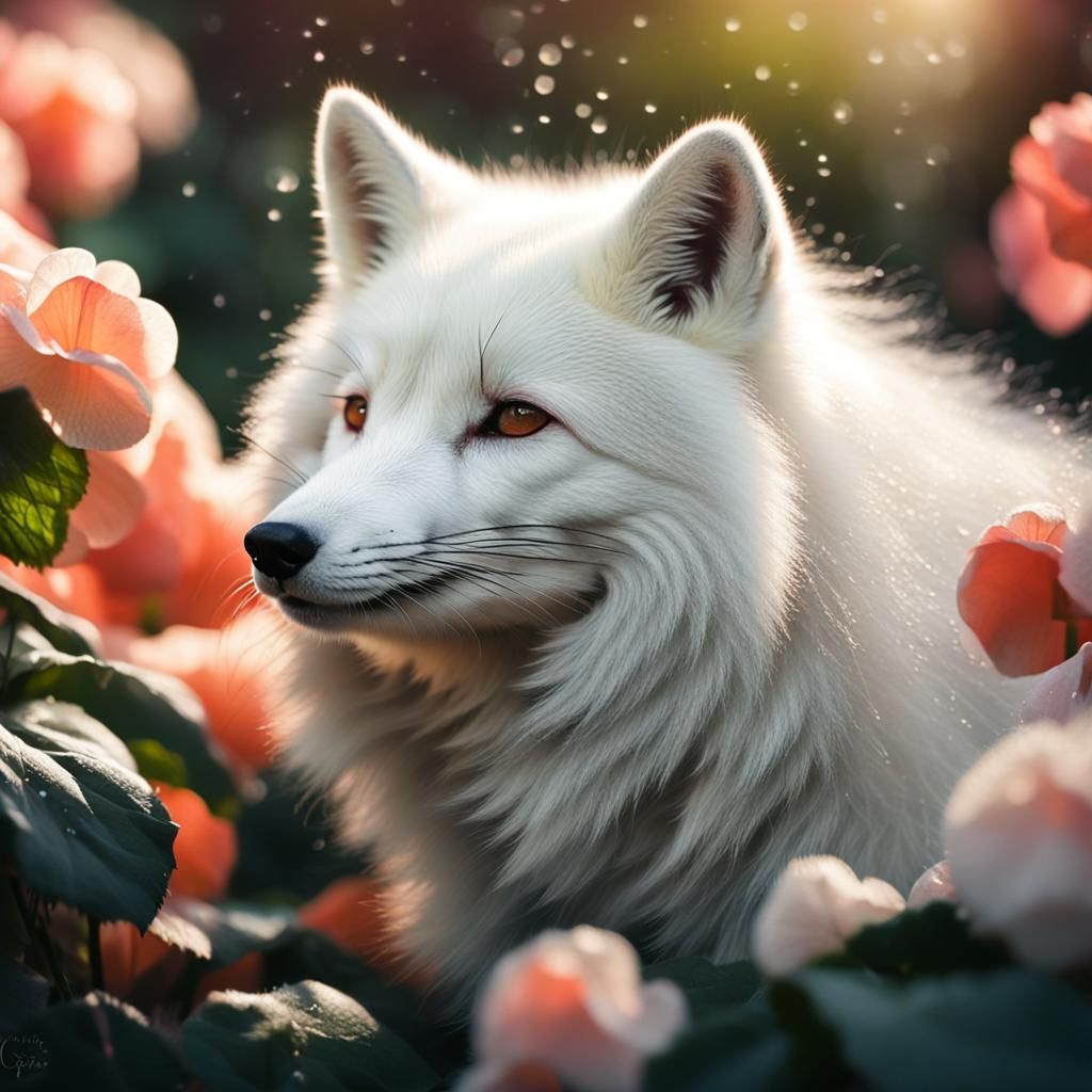 White Fox in Begonia Garden: Hyperrealistic Photography