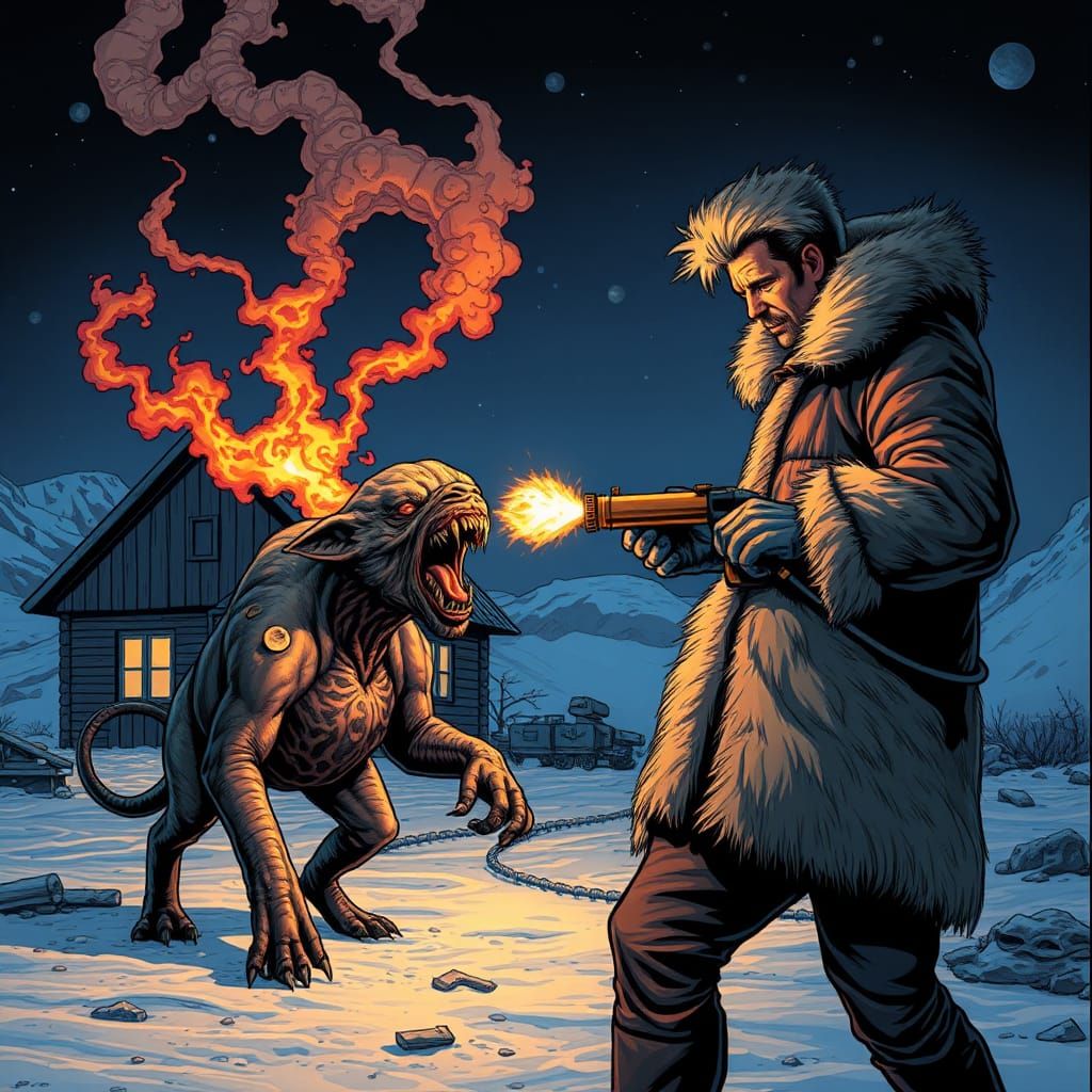 Man with Flamethrower Confronts Mutant Dog