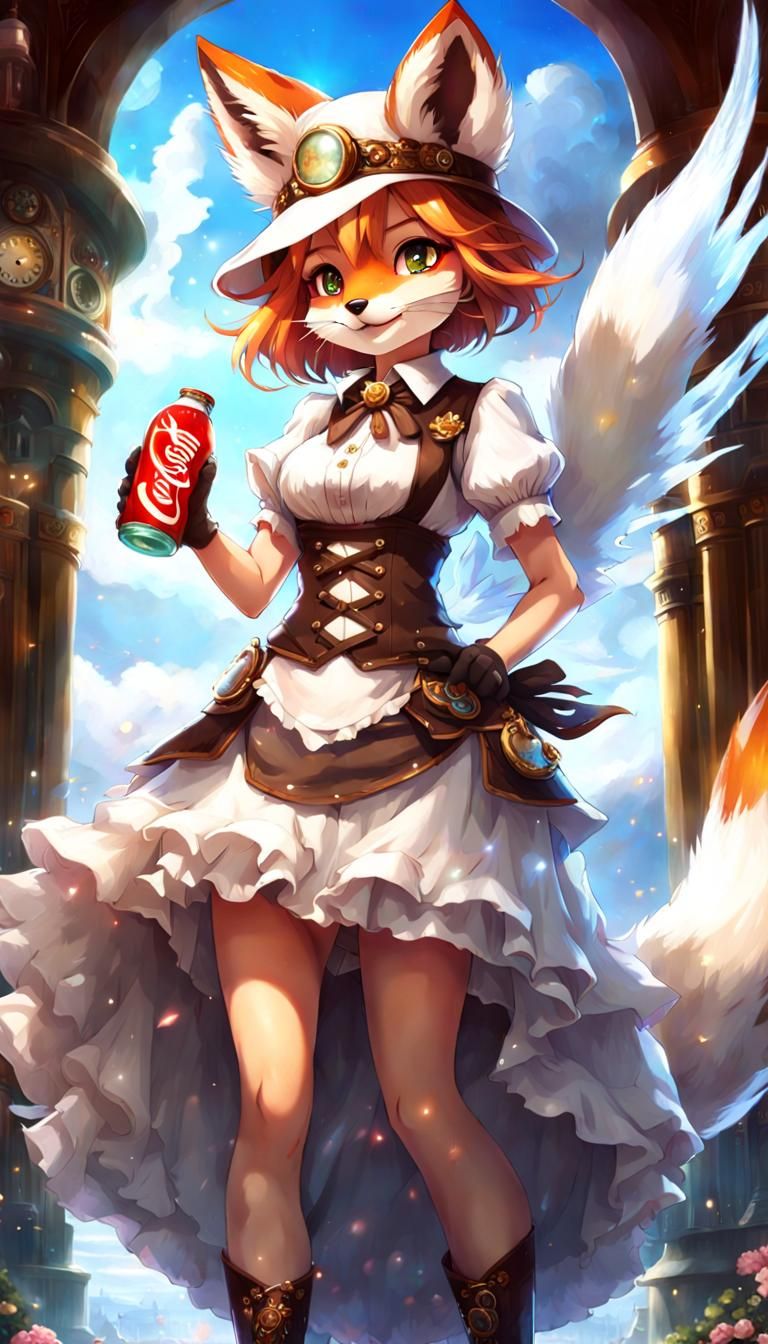 Aetherpunk Fox-Girl Advertisement in Anime Style