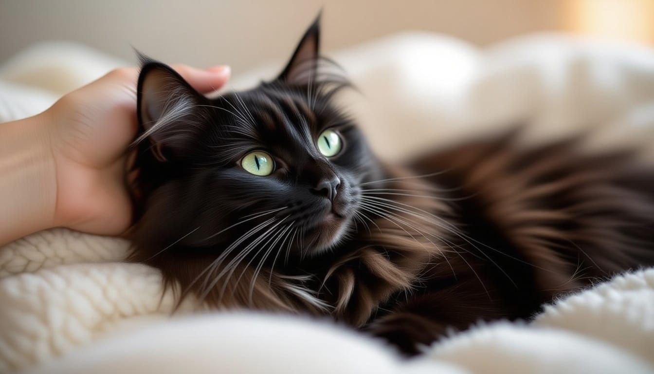 Photorealistic Black Longhair Cat Petting Scene