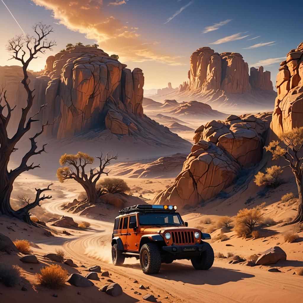 Jeep on Desert Road in Dreamlike Fantasy Concept Art