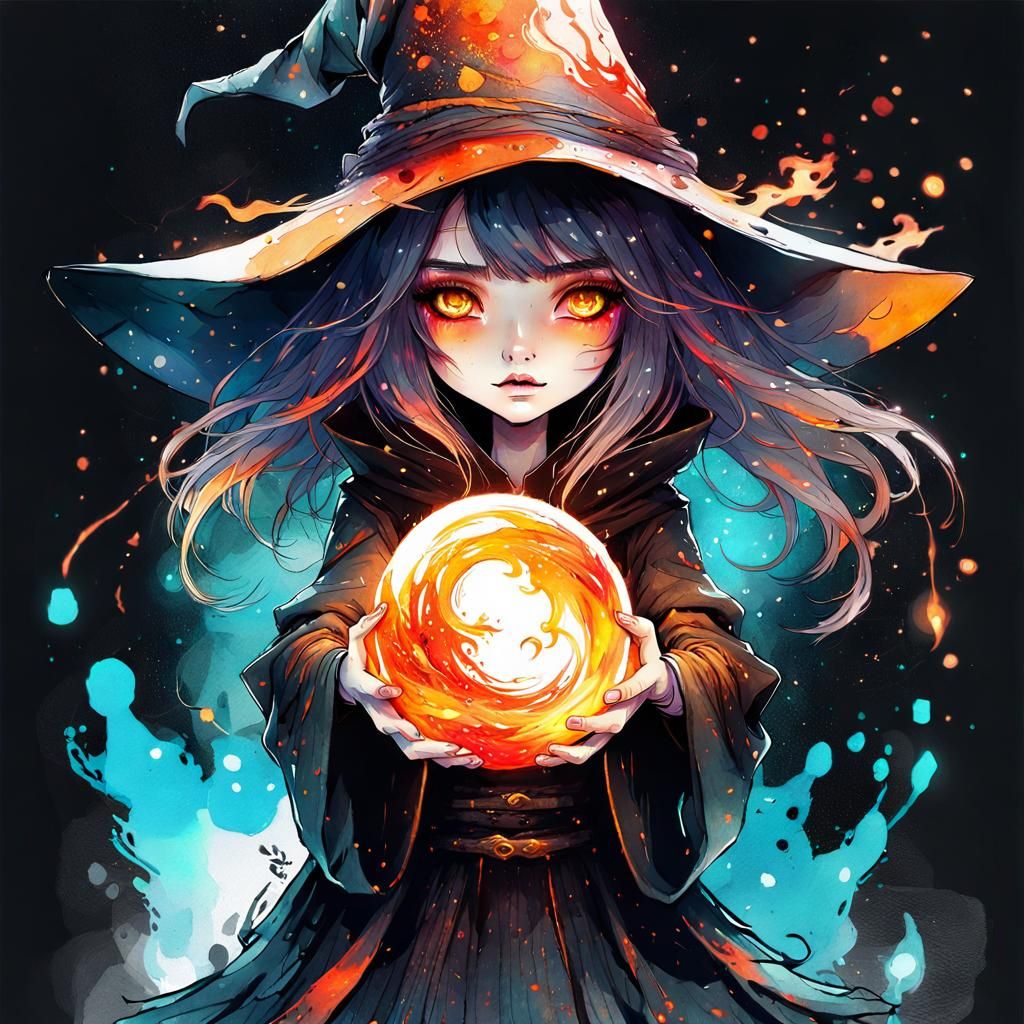Chibi Witch Conjuring Fireball in Digital Watercolor