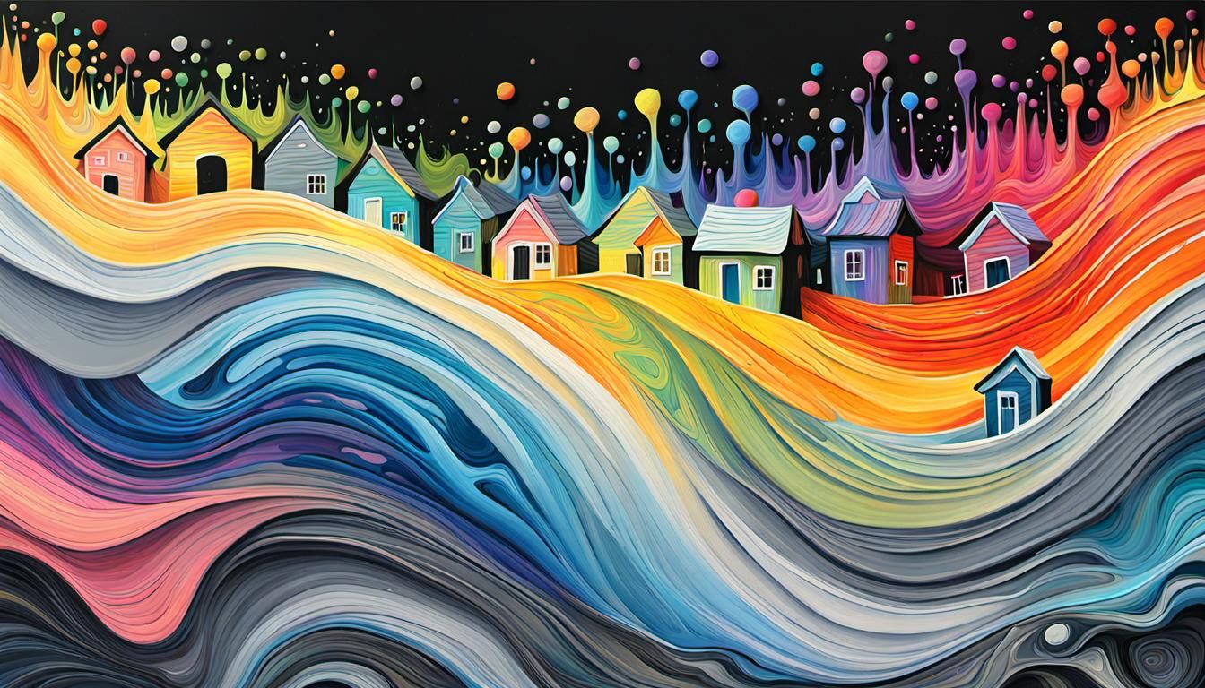 Whimsical Houses in Acrylic Paint Pouring Style