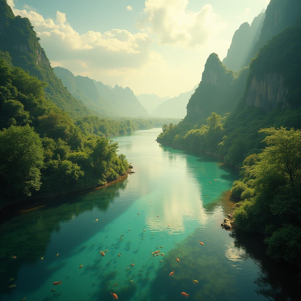 Surreal Heaven with Winding River and Majestic Fish