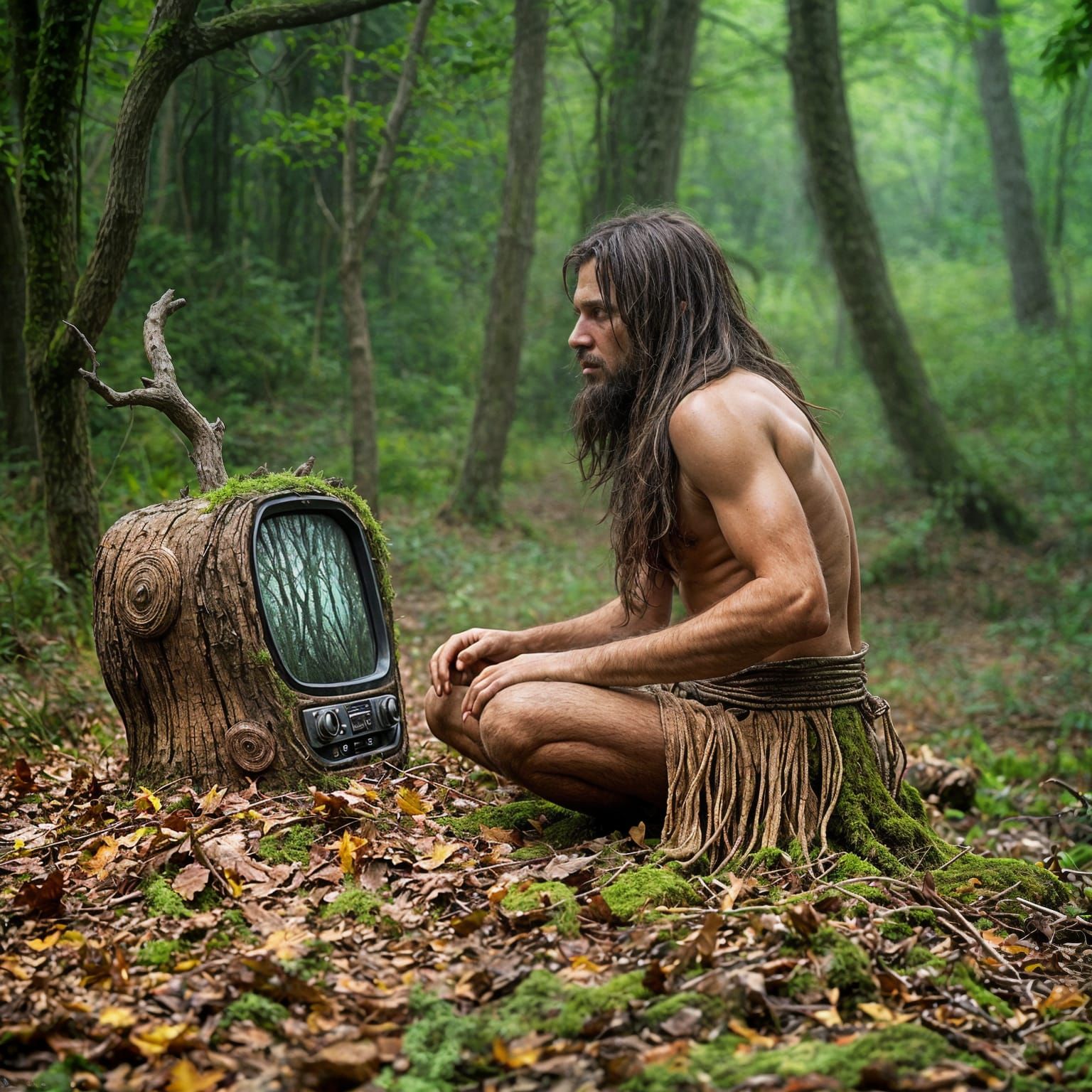 Caveman Watches TV in Eco Art Style