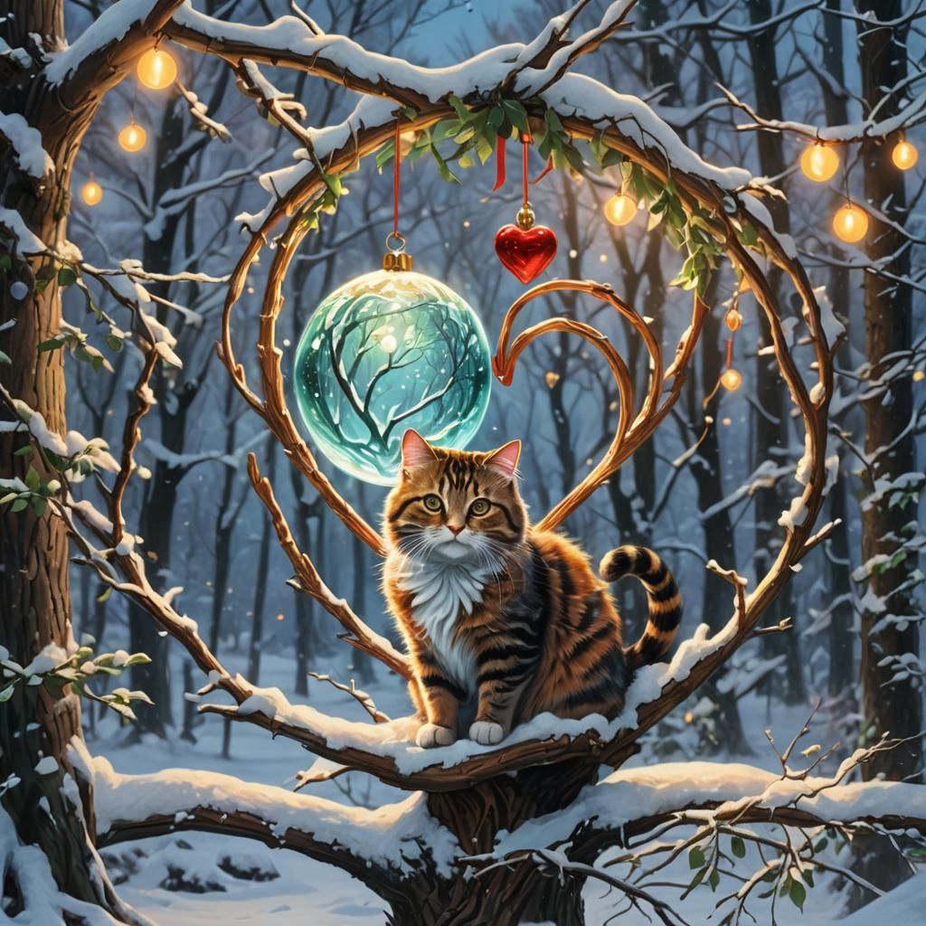 Festive Furry Cat in Winter Orb, Fantasy Art