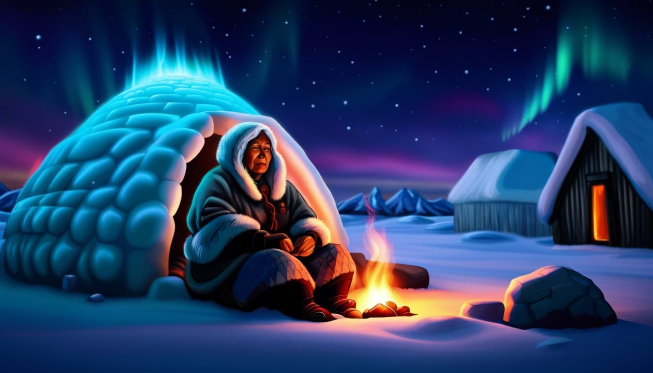 Inuit Woman Under Northern Lights