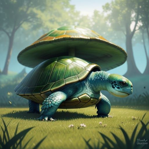 Flying Turtle Descends in Dreamlike Fantasy Art