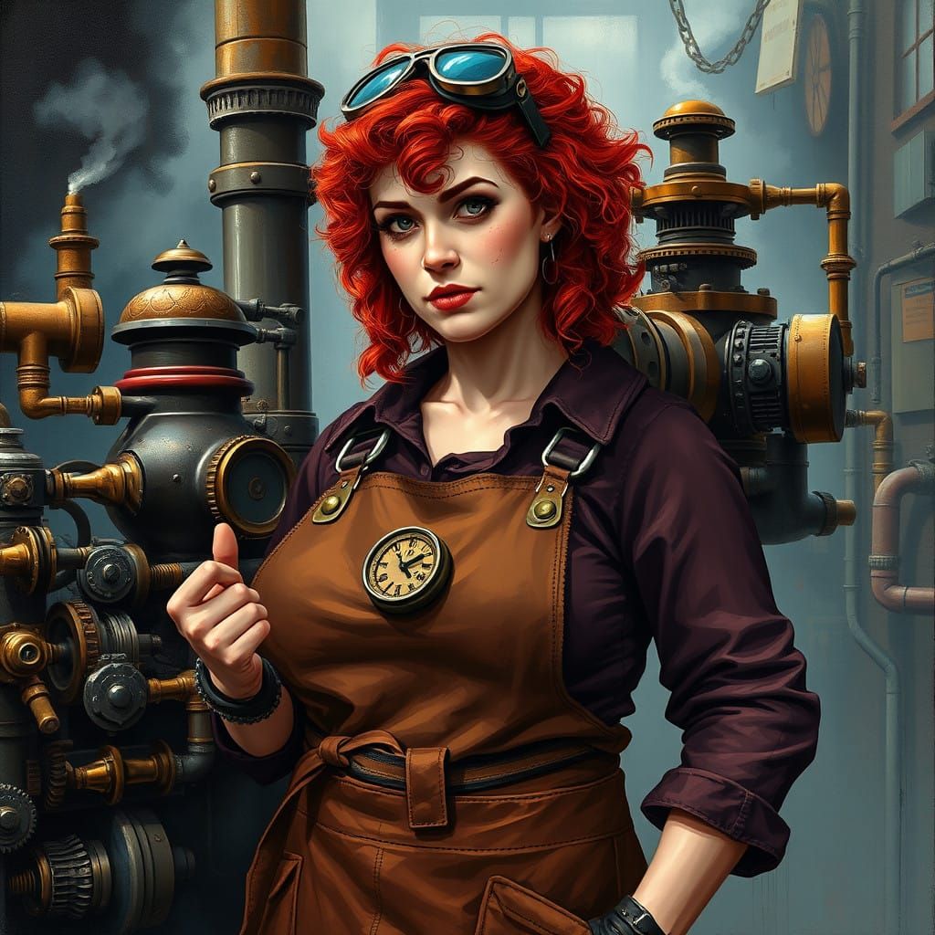 Steampunk Engineer in Industrial Cityscape