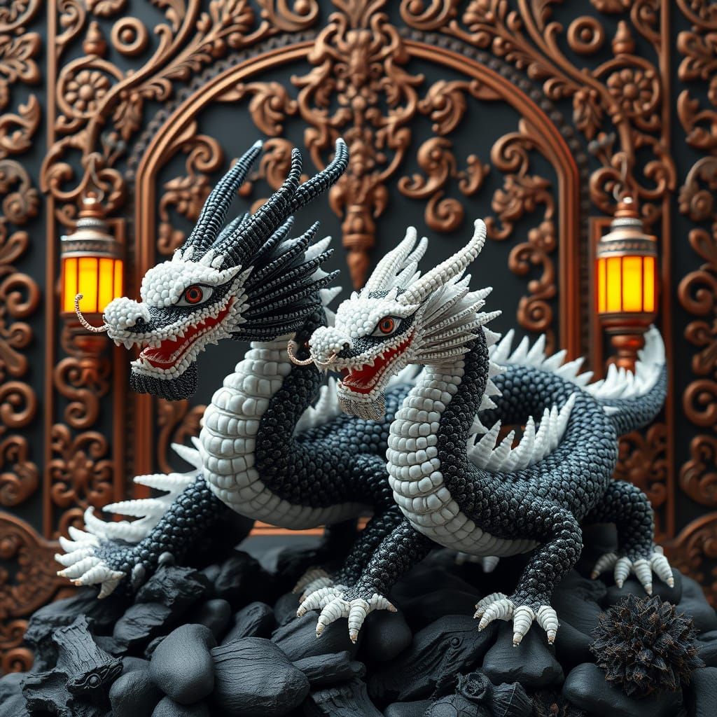 Intricate Beaded Chinese Dragons in 3D Fantasy Art