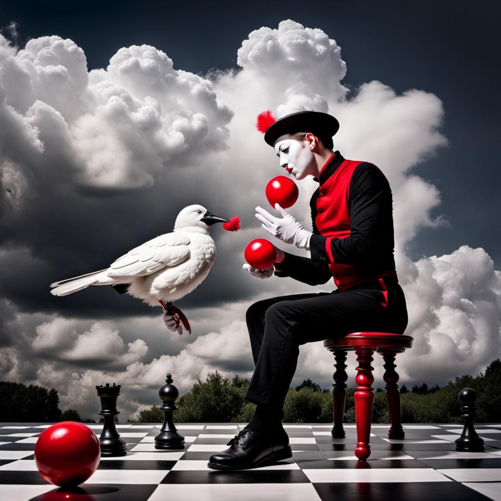 Surreal Mime Plays Chess with Cloud and Bird