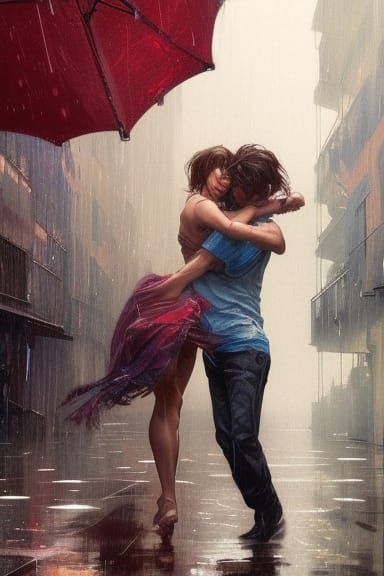 Romantic Couple Dancing in Rain, Detailed Portrait