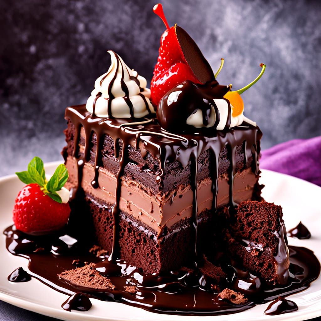 Large slice of scrumptuous dark chocolate devil's food cake