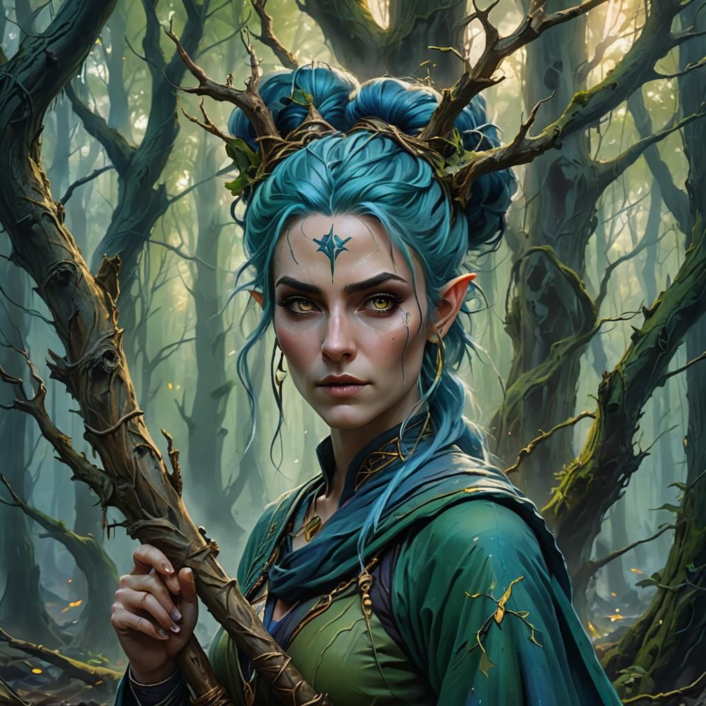 High Elf Wizard in Misty Forest: Fantasy Oil Painting