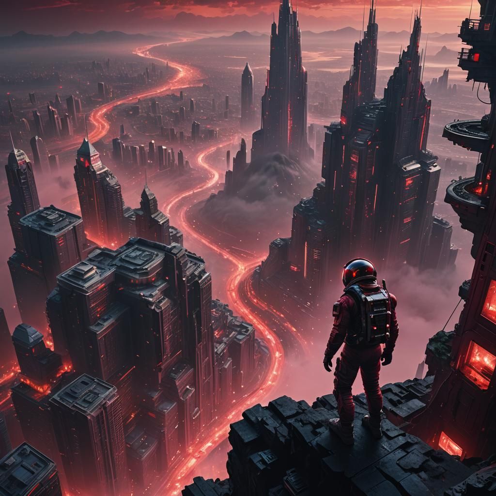 Astronaut Overlooks Crimson Alien City