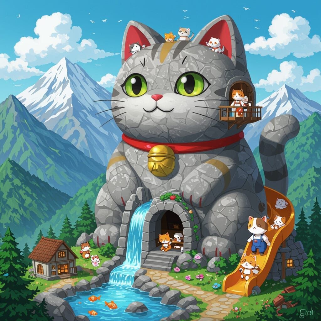 Giant Stone Cat Village in Candy Aesthetic