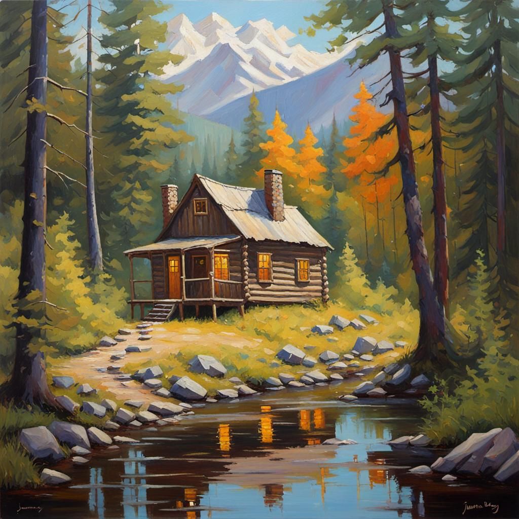Idyllic Cabin in Woods, Oil Painting Style