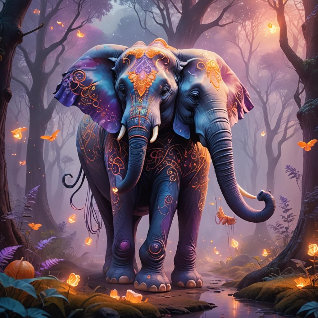 Marshmallow Elephant in Iridescent Forest: Fantasy Art
