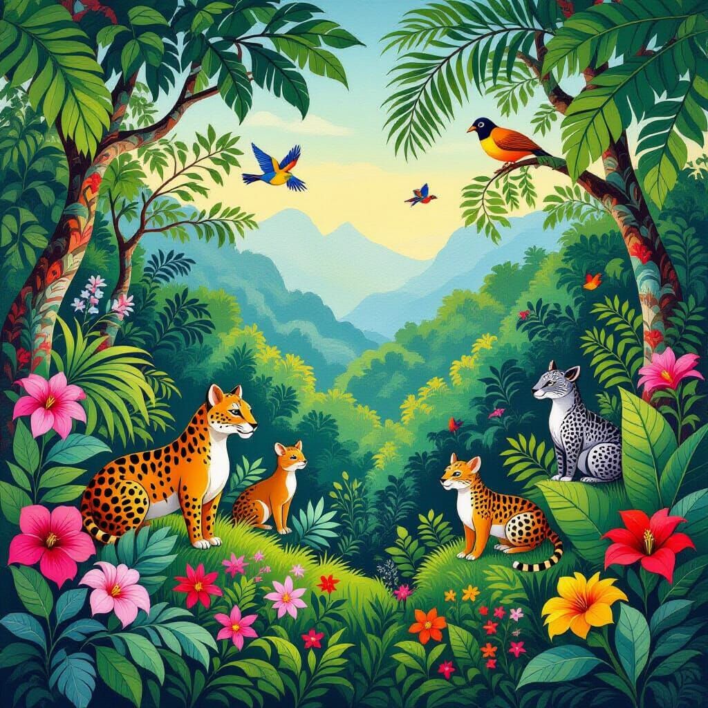 Exotic Jungle Scene in Naive Art Style