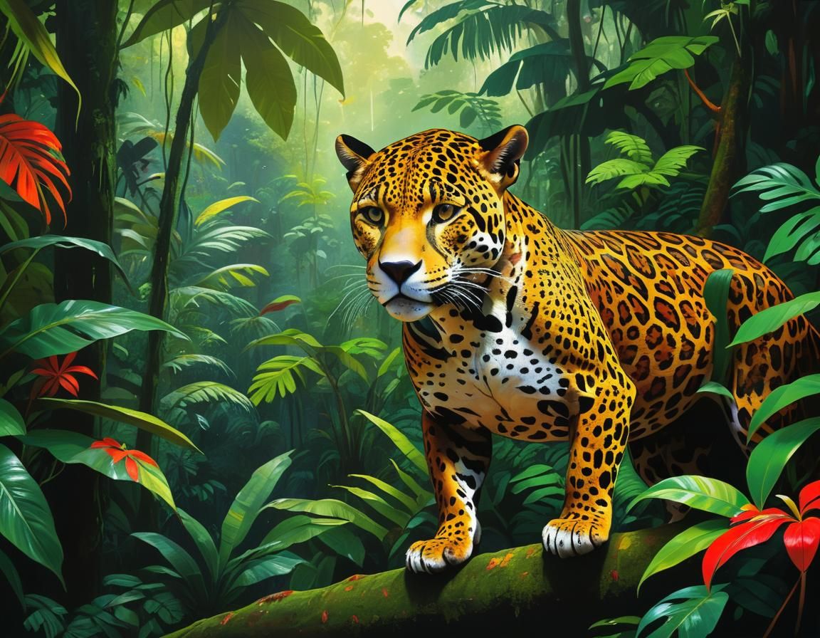 Idyllic Rainforest Jaguar in Gauguin Style