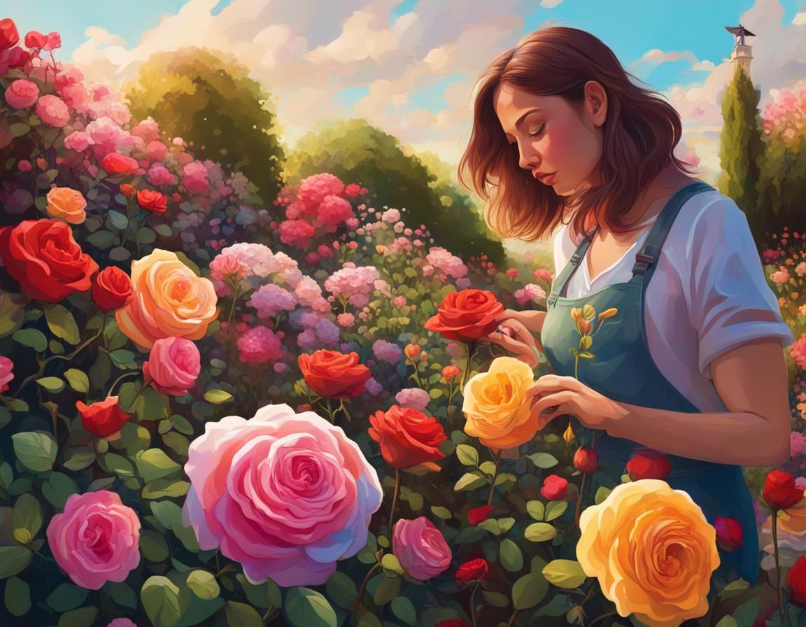 Hyperrealistic Woman Gardening in Colorful Rose Garden