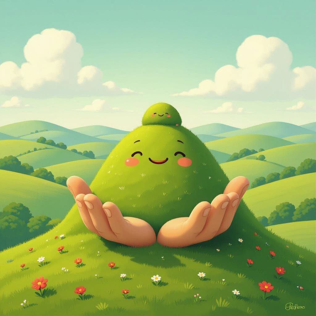 Smiling Green Hill Family: Miyazaki Inspired Landscape