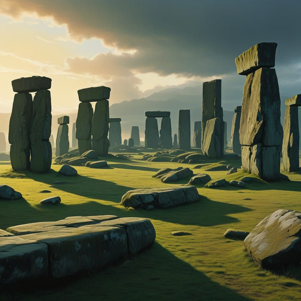 Fantastical Figure Amidst Weathered Stone Monoliths