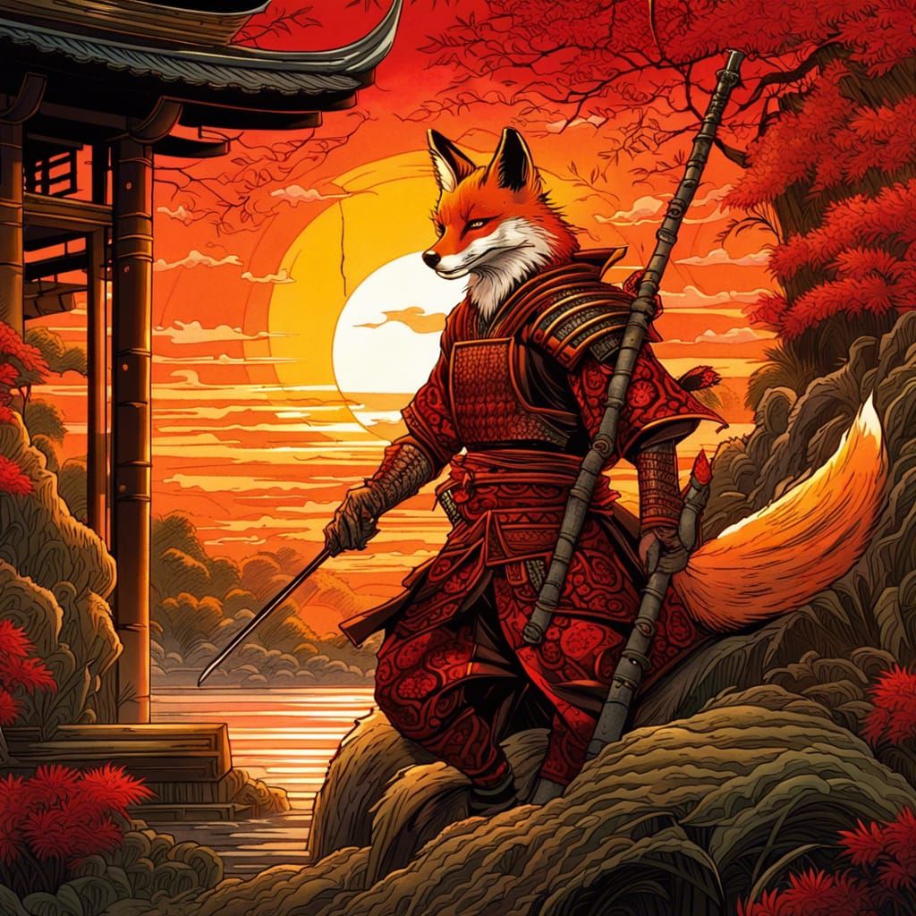 Kitsune Warrior in Bamboo Garden at Sunset