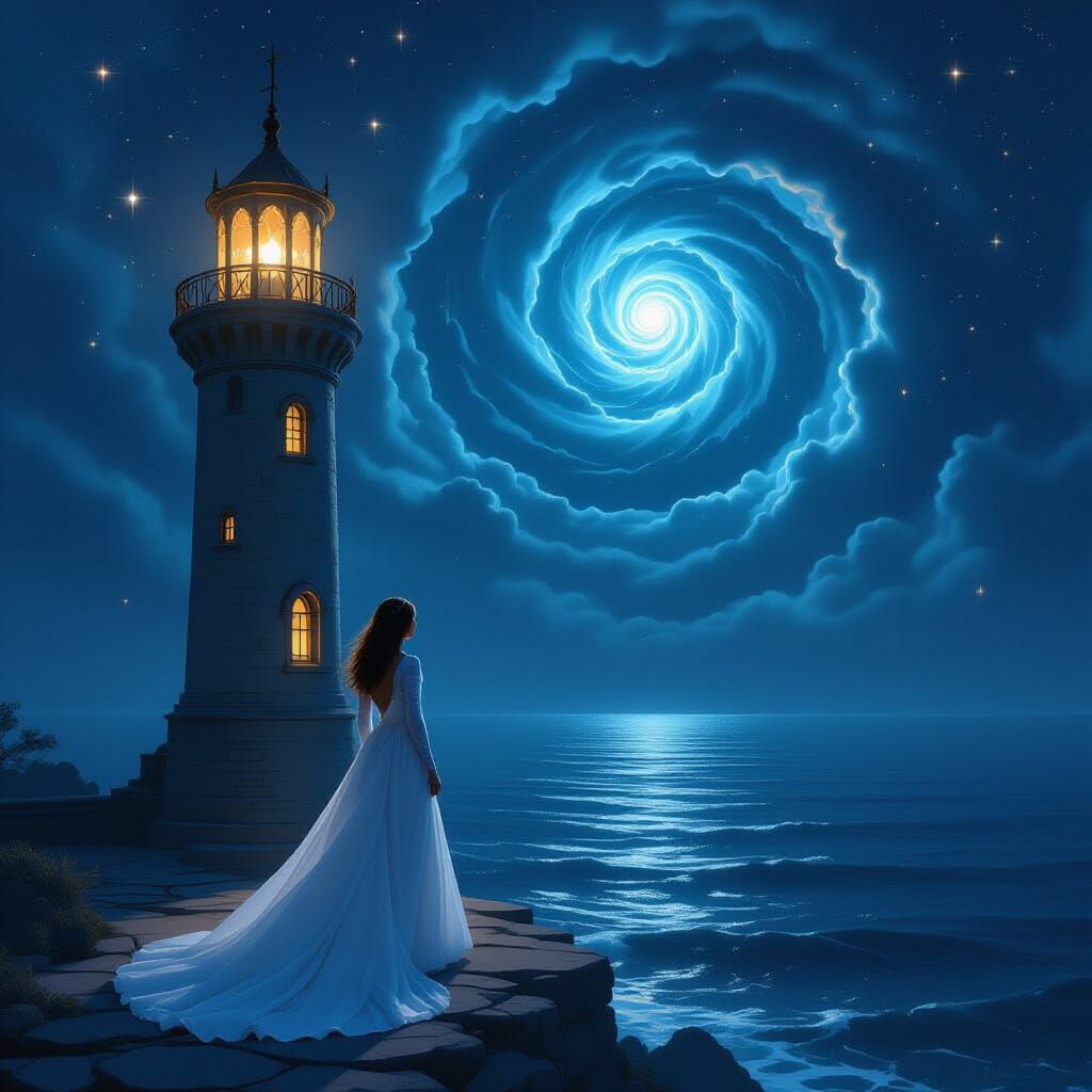 Woman Gazing at Sea from Tower in Hyperreal Style