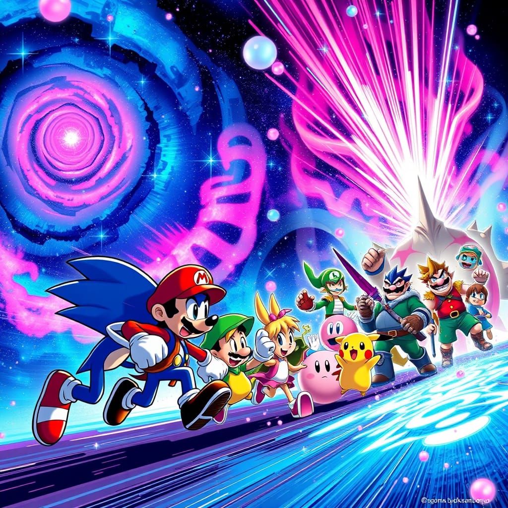 Cosmic Heroes Unite in Electric Blue and Pink Galaxy Showdow...