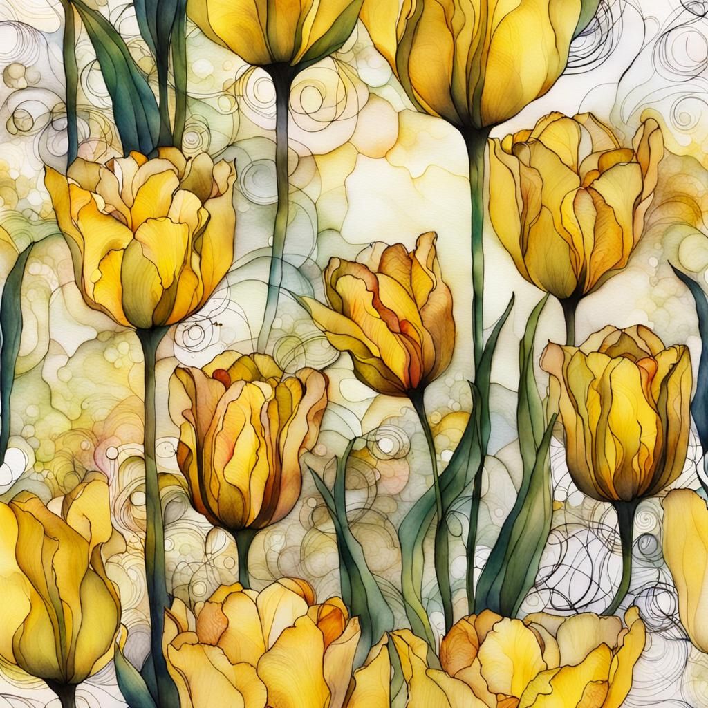 Yellow Tulips in Alcohol Ink