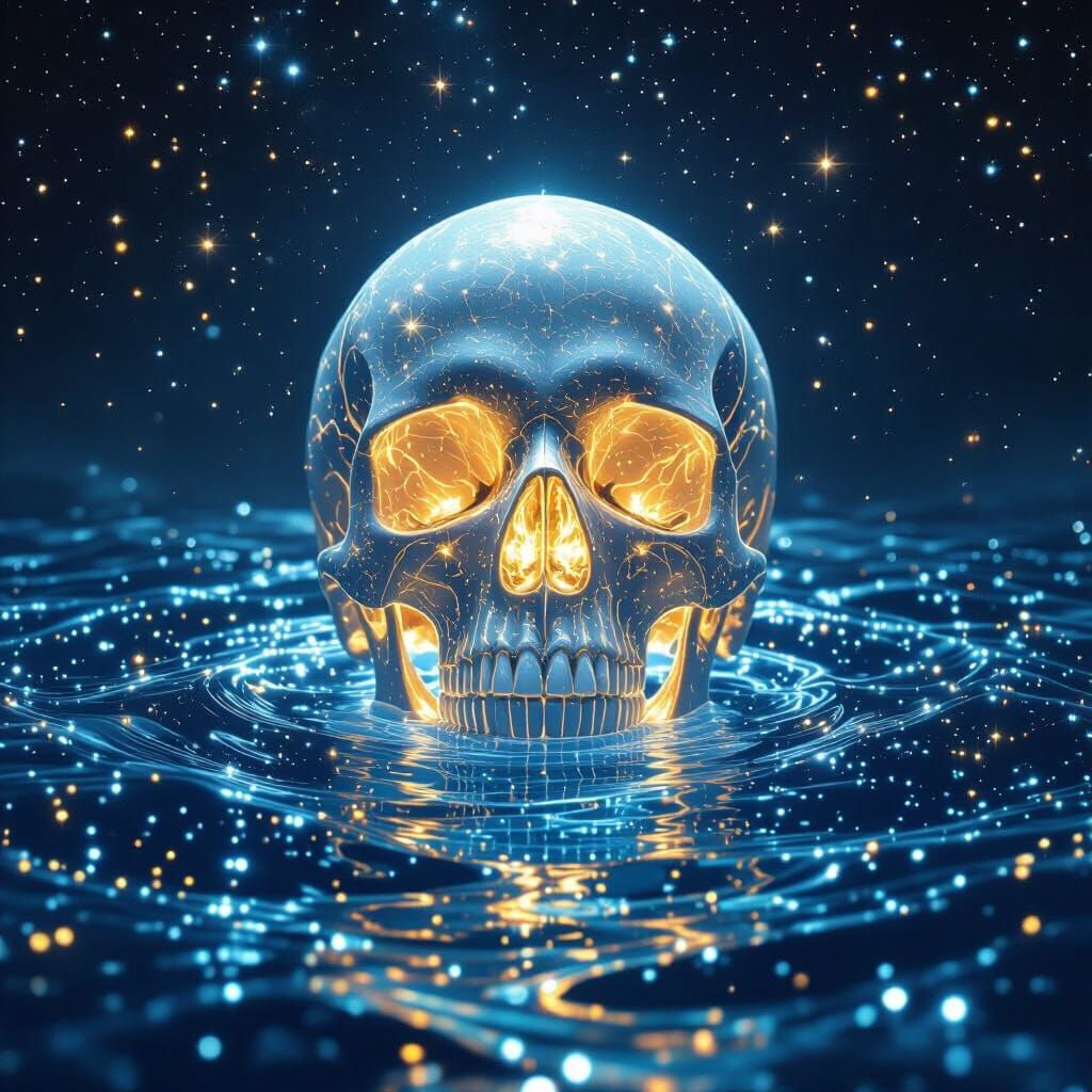 Bioluminescent Skull Floating in Starry Ocean