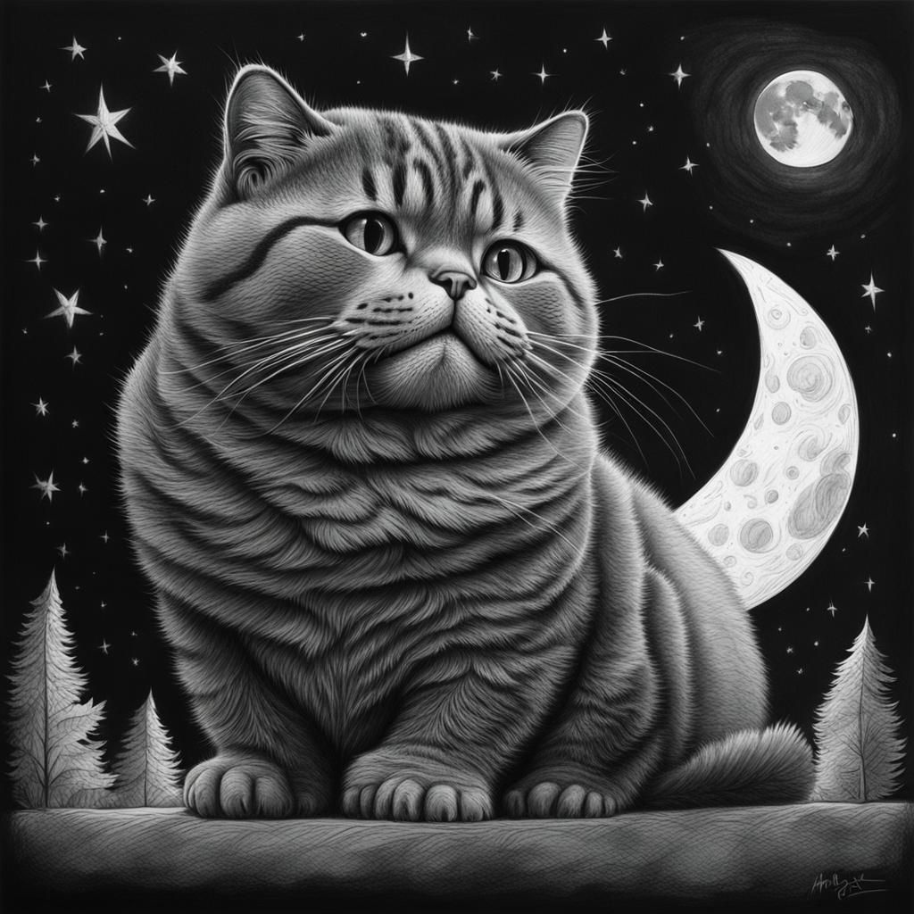 Chubby Cat and Moon in Charcoal Style