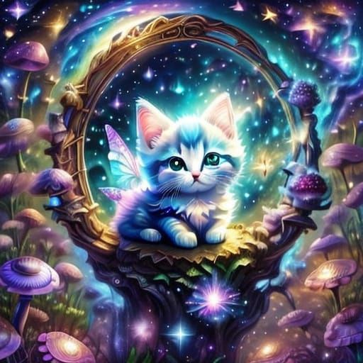 Fairy Cat on Mushroom in Whimsical Fantasy Art