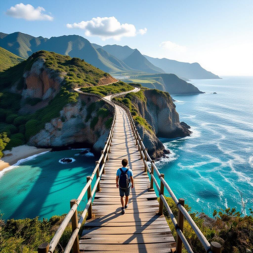 Man Crossing Bridge Over Chasm by Summer Coast