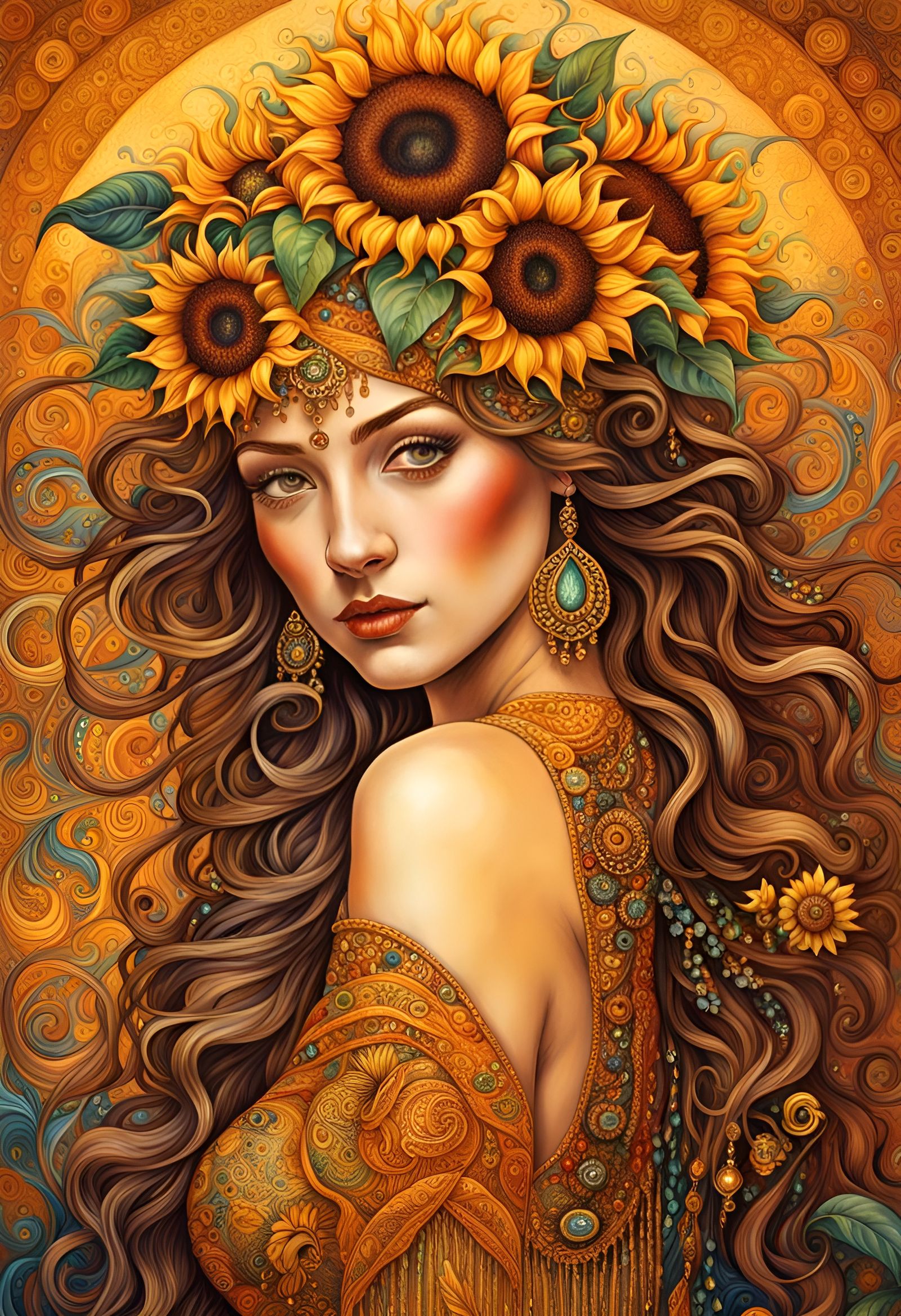 Sunflower Goddess Portrait in Klimt Style