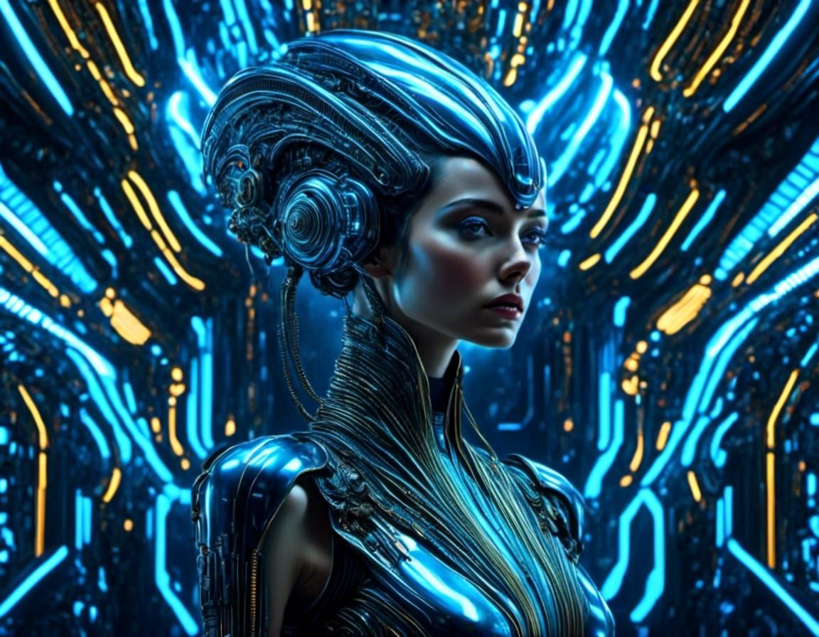 Cyberpunk Girl with Blue Hair in Rainy Cityscape