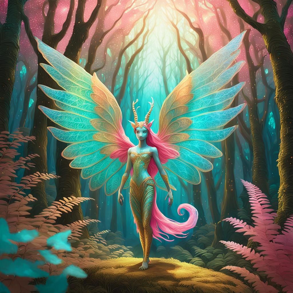Mythical Creature in Lush Fantasy Forest