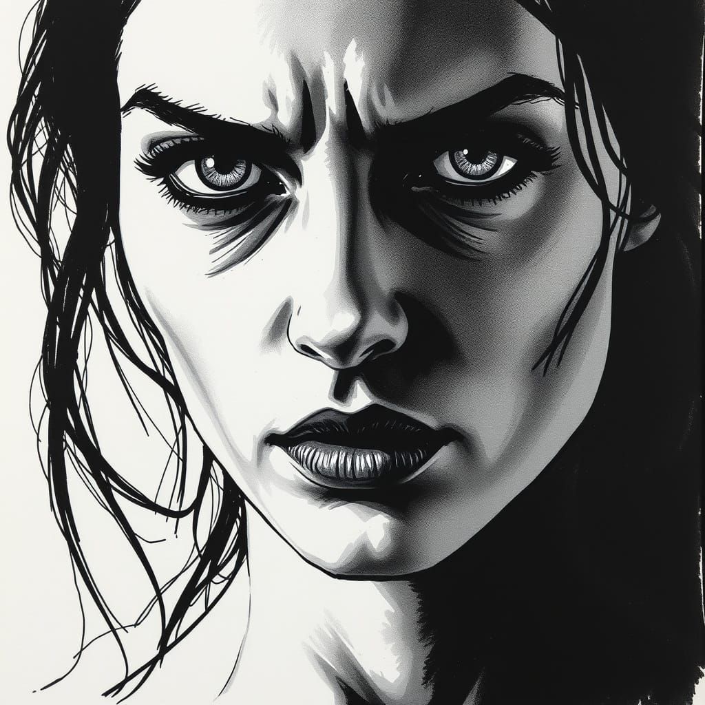 Intense Ink Portrait of Woman with Dramatic Lighting