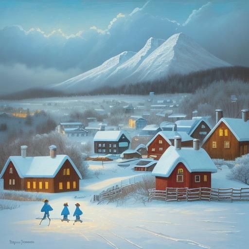 Whimsical Winter Village Scene in Impasto Gouache Style