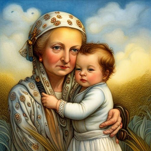Grandmother and Baby: Whimsical Illustration