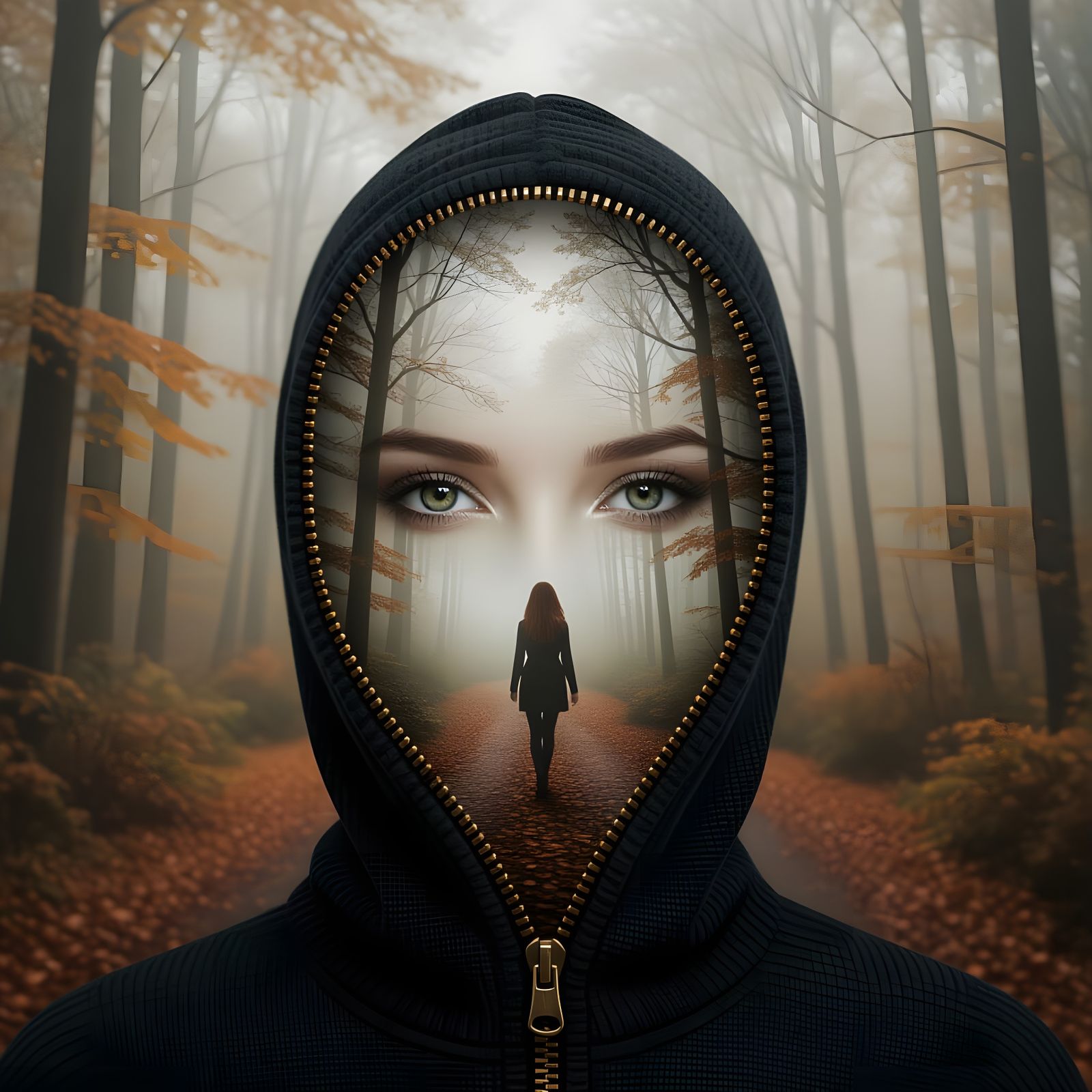 Surreal Portrait: Face Unzips to Reveal Autumn Forest Path