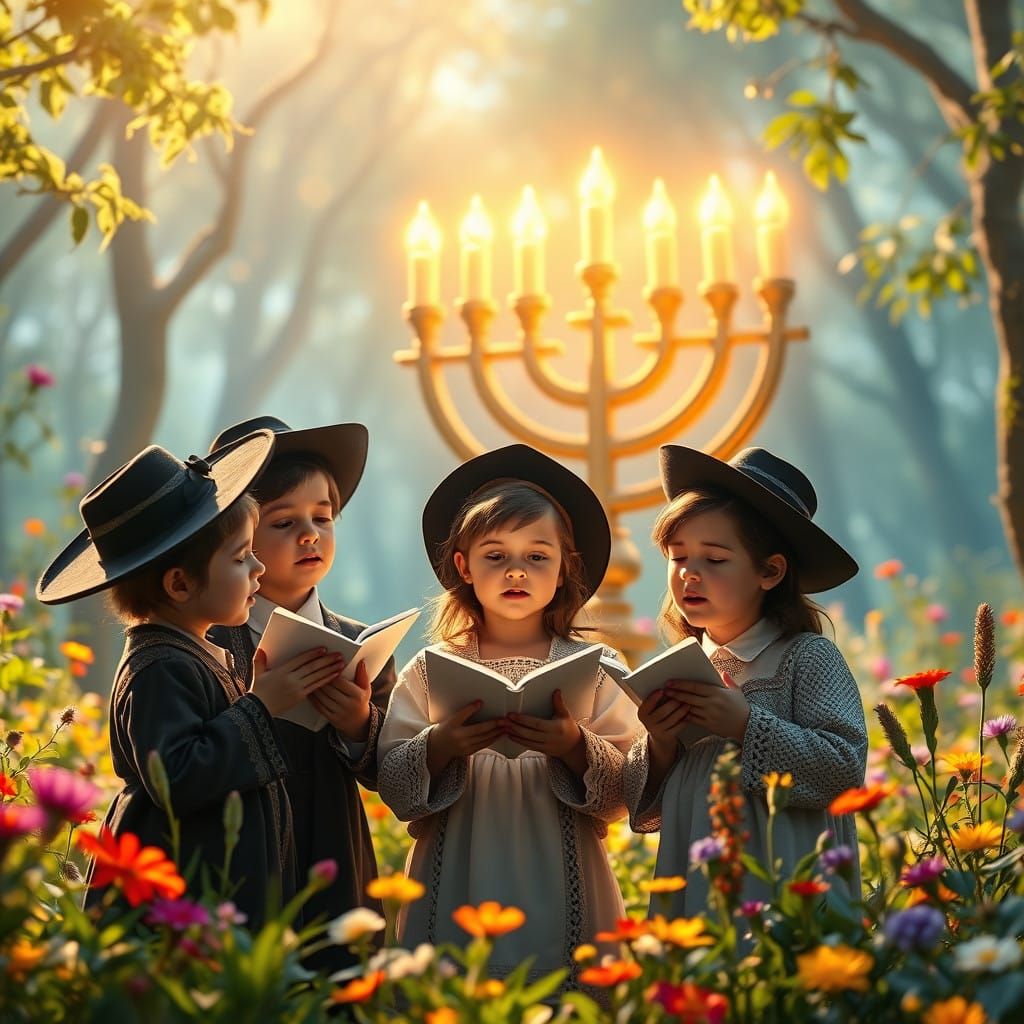 Whimsical Jewish Children Sing Psalm of Thanksgiving in a Ma...