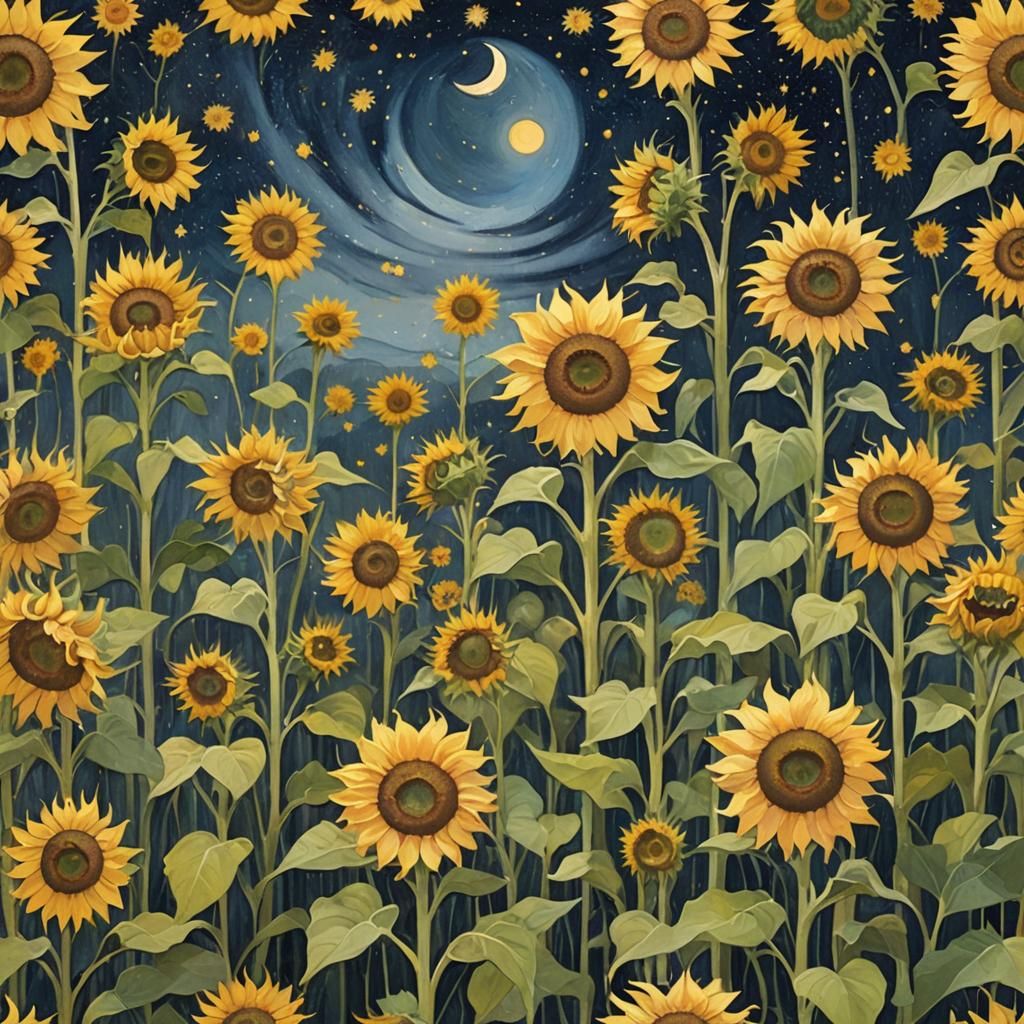 Sunflowers Under Starry Sky, in Style of O'Keeffe