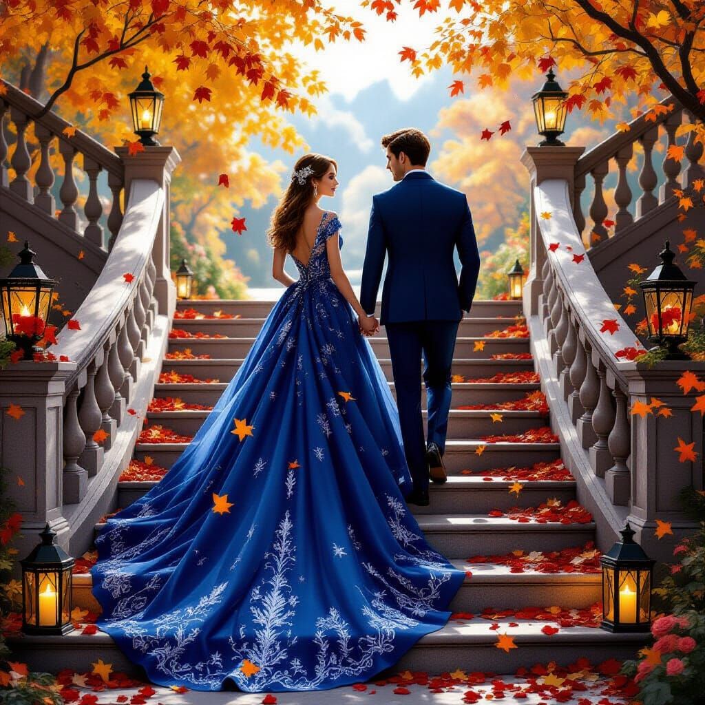Bride in Sapphire Dress on Fall Staircase with Groom