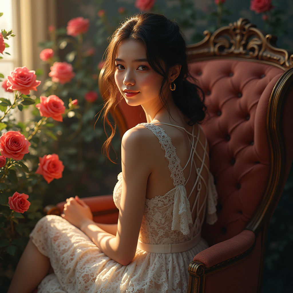 Woman Surrounded by Roses in Dreamy Fantasy Art