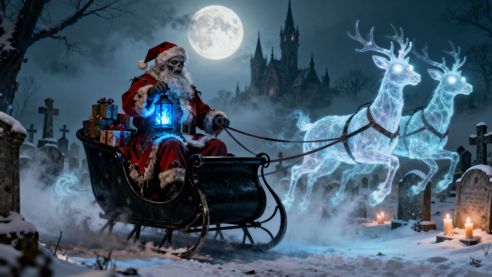 Gothic Zombie Santa Rides Ghostly Sleigh Through Snowy Grave...