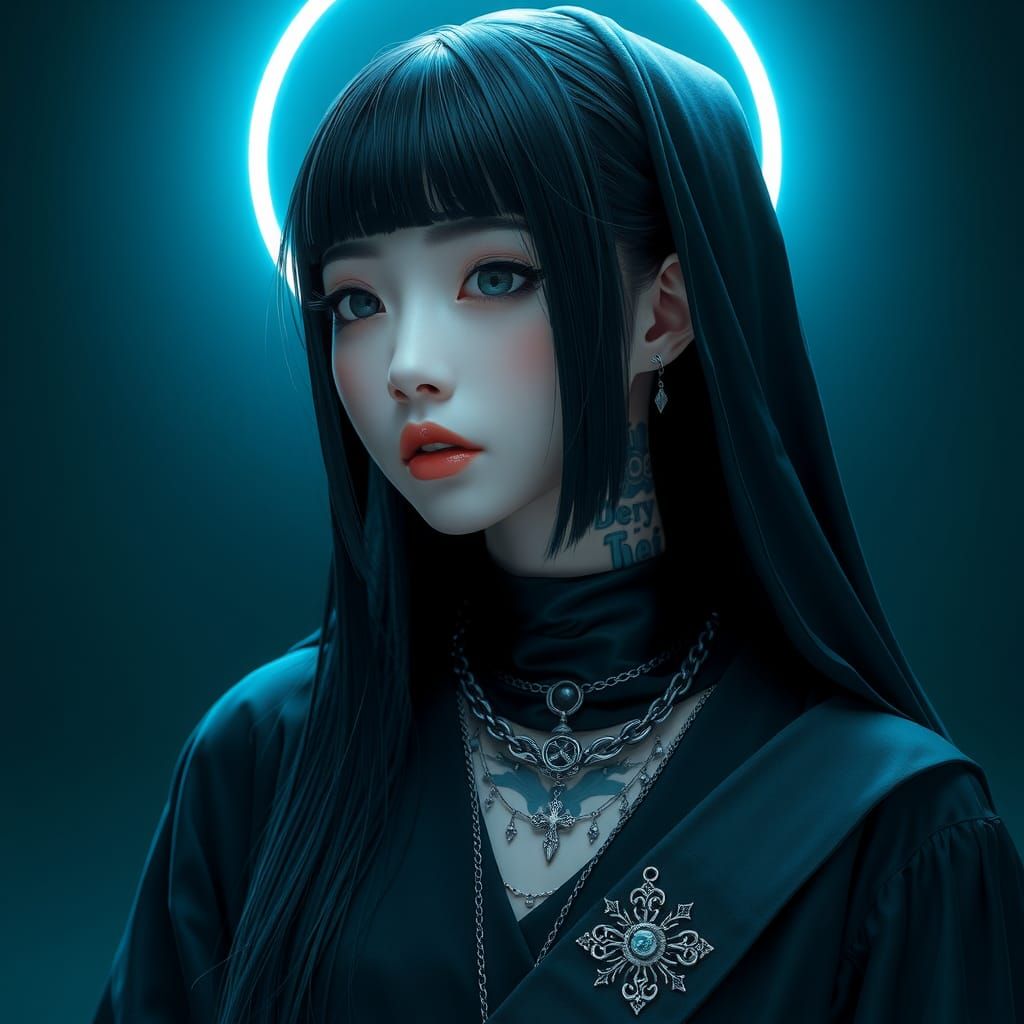 Gothic Nun Korean Woman in Hyper-Realistic Anime Style