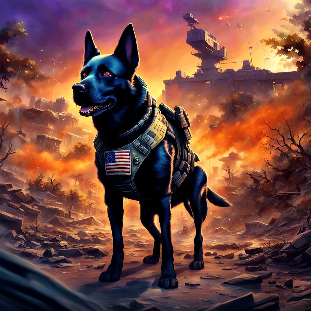 Dog in Special Forces Uniform in Warzone