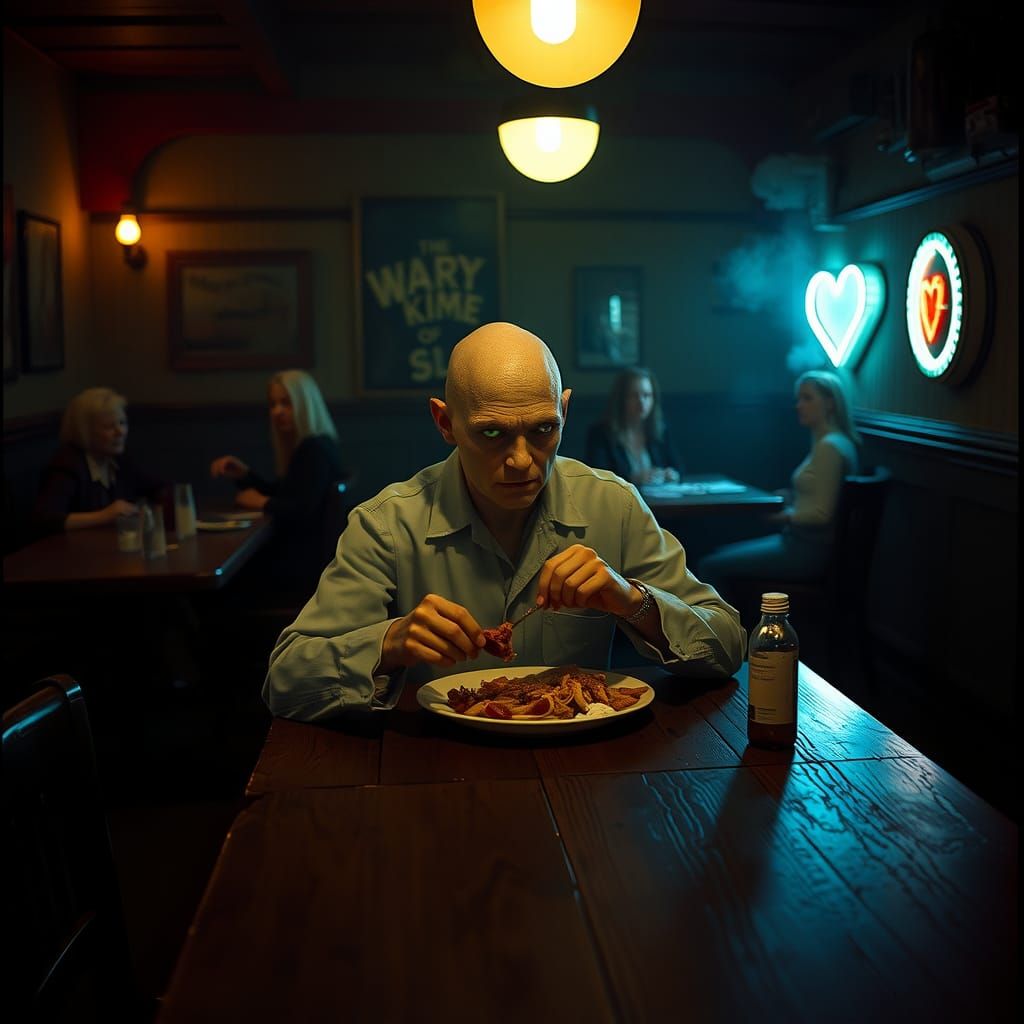 Mutant in Dimly Lit Hall, Cinematic Film Still